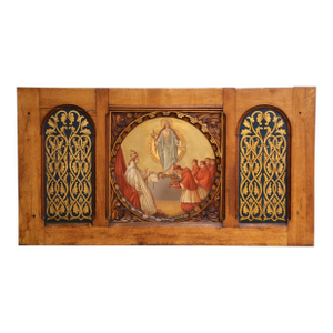 19th Century French Gothic Hand Painted Walnut Altar Panel With Marian Imagery