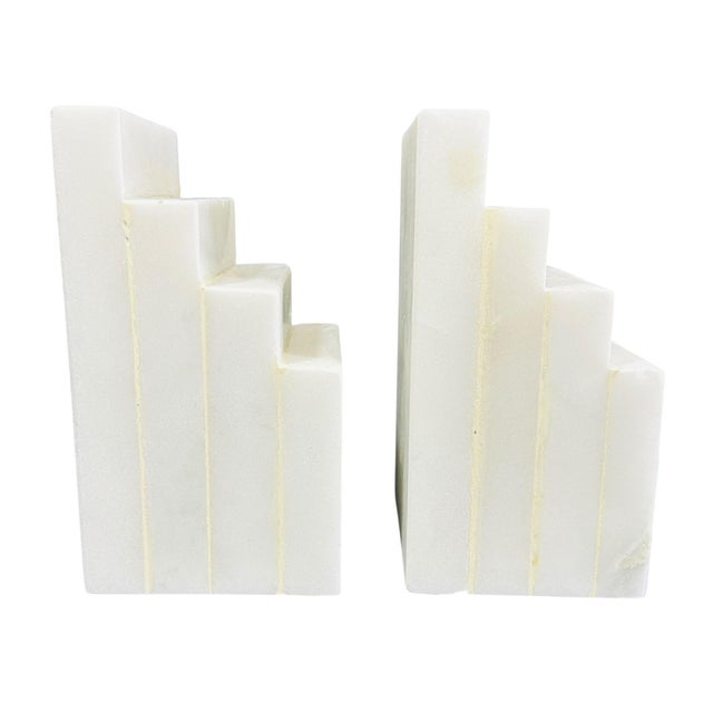 Vintage White Marble Bookends, Stacked Books Design | Italian Alabaster Stone, 1990s Home Office Decor, Minimalist For Sale - Image 10 of 12