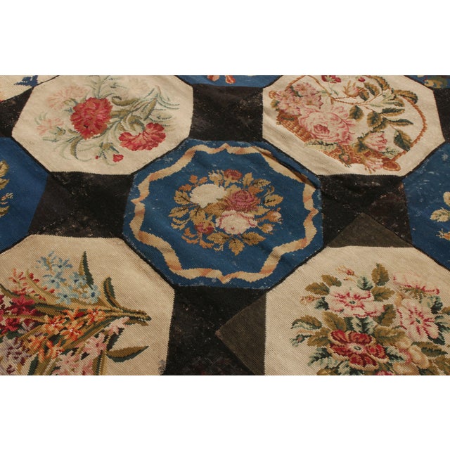 Textile Handmade Antique English Needlepoint Rug in Blue, Beige-Brown Floral Pattern For Sale - Image 7 of 9