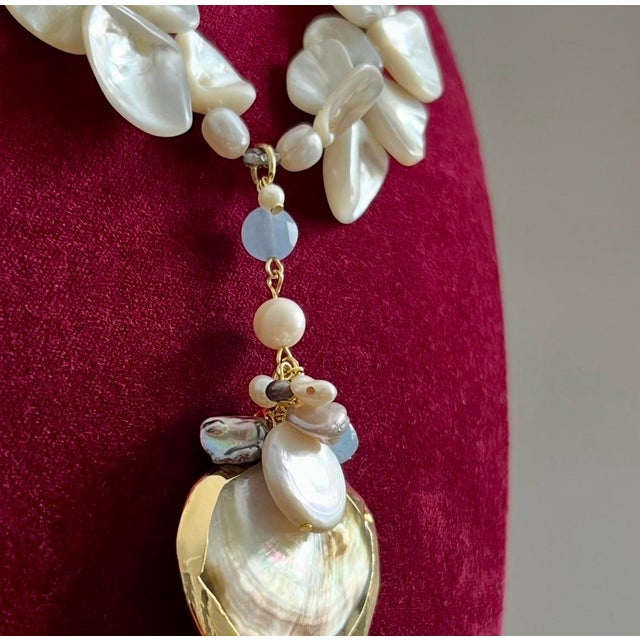 2000 - 2009 Natural Shell Genuine Pearl Aquamarine Mother of Pearl Necklace Gold Accents For Sale - Image 5 of 10