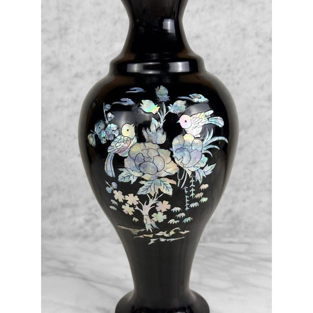 1970s Vintage 14" Chinese Brass & Black Enamel Mother of Pearl Inlaid Vase For Sale - Image 5 of 11