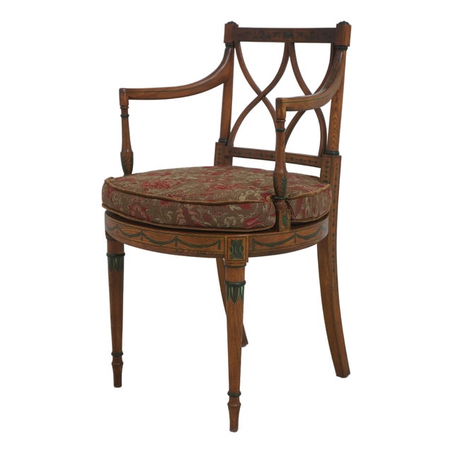Adams Paint Decorated Cane Seat W. Cushion Armchair For Sale