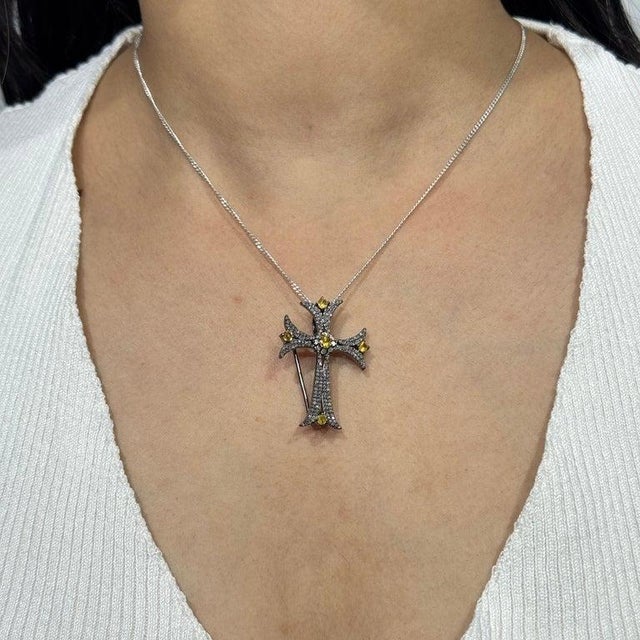 Antique Style Yellow Sapphire & Diamond Flared Cross Pendant Brooch For Sale - Image 6 of 12
