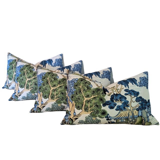 Custom - Thibaut Asian Scenic Blue & Green Lumbar Pillows For Sale