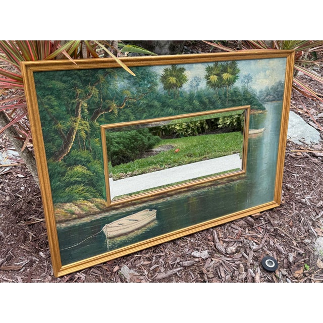 Vintage Hand-Painted Tropical Landscape Beveled Wall Mirror For Sale - Image 9 of 12