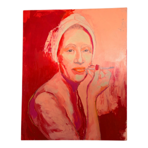 Late 20th Century Contemporary Portrait Lady in Red Acrylic on Wood