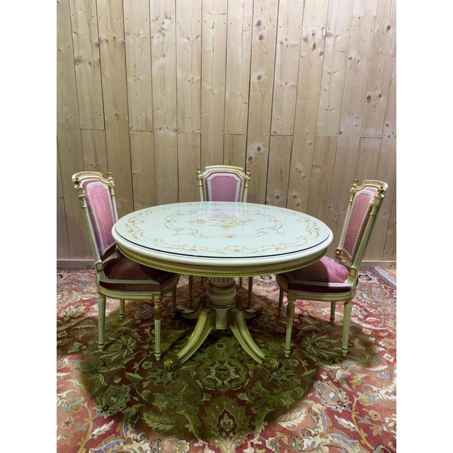 Louis XVI Style Dining Table and Chairs in Gilt Wood and Pink Velvet, 1980s For Sale - Image 4 of 13