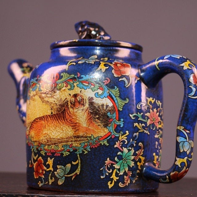 Traditional Vintage Yixing Zisha Teapot With Box – Painted Enamel Tiger & Buffalo Motif For Sale - Image 3 of 9