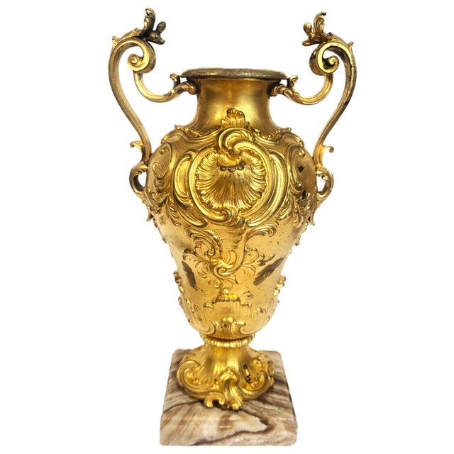 Metal Pair Antique French 19th C Rococo Gilt Bronze Urns Barbedienne Vase on Marble For Sale - Image 7 of 18