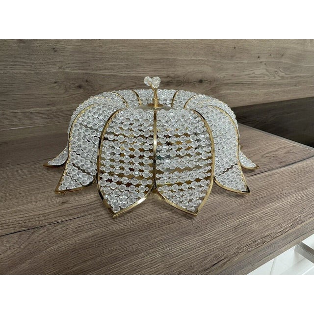 Mid-Century Modern Exceptional Signed Palwa Austrian Lotus Flush Mount - 24k Gold Plated Frame & Hand Beaded Crystal For Sale - Image 3 of 8