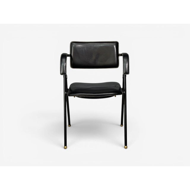 Jacques Adnet Attr., Desk and Folding Chair, Black Leather, Brass, France, 1950s For Sale - Image 12 of 18