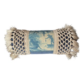 1990s Chinoiserie Toile Decorative Bolster Pillow Blue Velvet With Textured Tassel Detailing For Sale