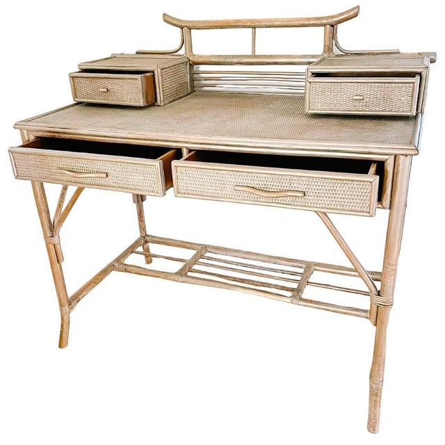 Mid-Century Modern Mid-Century Hollywood Regency Bamboo & Rattan Pagoda Writing Desk and Chair Set - 2 Piece For Sale - Image 3 of 11