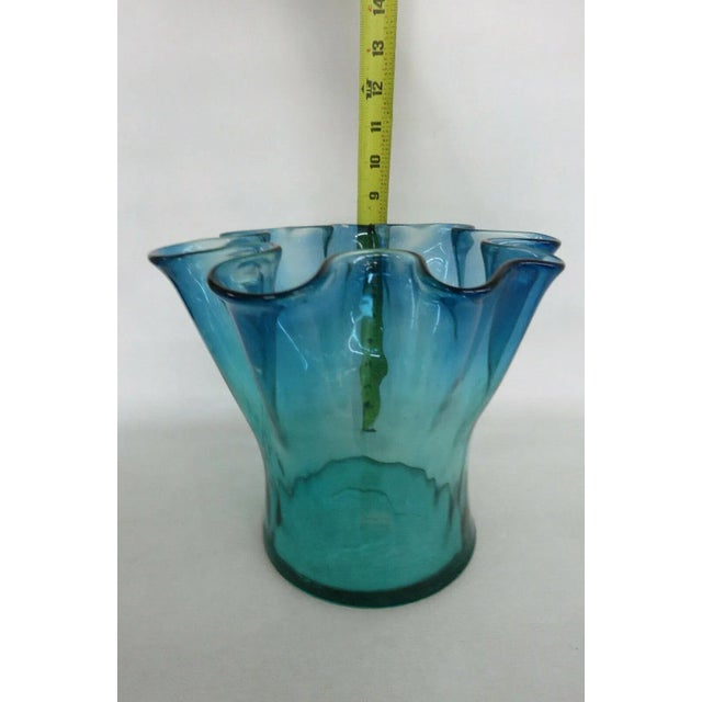 Mid-Century Modern Mid Century Modern Blue Art Glass Ruffled Rim Handkerchief Bowl Vase For Sale - Image 3 of 11