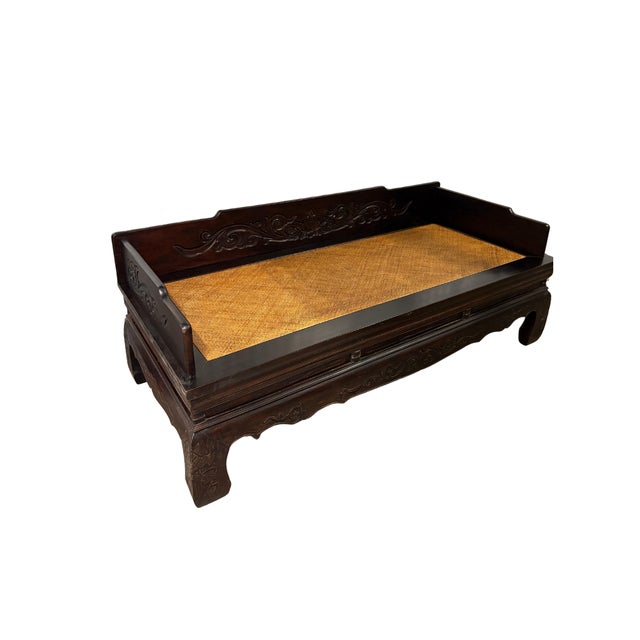 Hollywood Regency Vintage 1920's Shanghai Elmwood Chinese Carved Daybed With Woven Mat Seat For Sale - Image 3 of 4