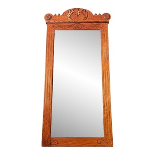 Antique Eastlake Oak Wall Mirror-Carved Crest-1890s-Victorian Hall-Vintage-Entry For Sale