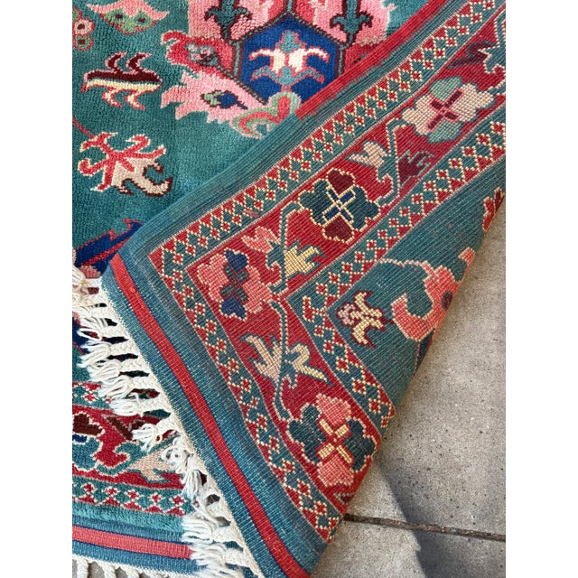 Textile Mid-Century Hand Knotted Floral Turquoise Pink Wool Rug For Sale - Image 7 of 8
