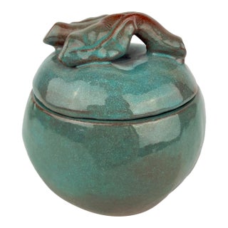 Midcentury De Vegh Pottery Lidded Jar With Leaf & Stem Handle For Sale