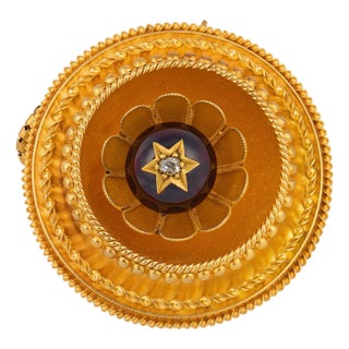 Late 19th Century Victorian Carbuncle Garnet Diamond Tassel Locket 20k Yellow Gold Brooch For Sale