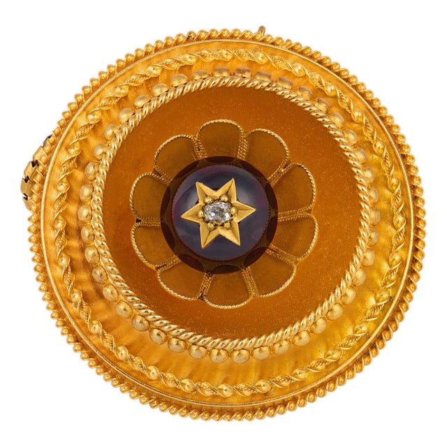 Late 19th Century Victorian Carbuncle Garnet Diamond Tassel Locket 20k Yellow Gold Brooch For Sale