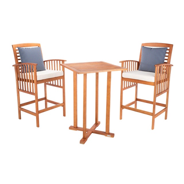 Wood Pate 3-Piece Bar Height Bistro Set, Natural/Beige Cushion /Navy Stripe Pillow For Sale - Image 7 of 9