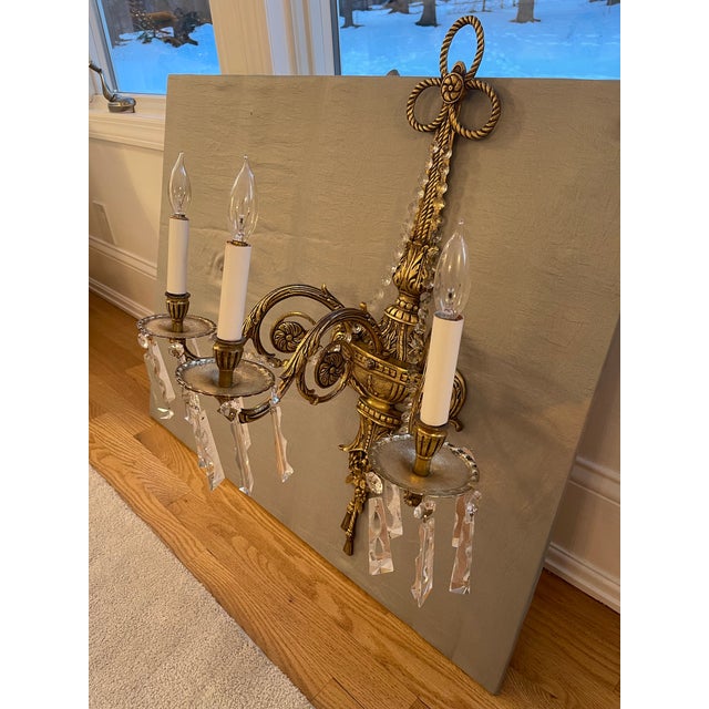 Pair of Antique French Brass and Crystal Electric Sconces For Sale - Image 12 of 12