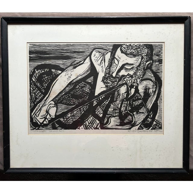 Vintage woodcut print entitled ‘Fisherman’ by artist R.F. McGovern. Pencil signed to the bottom right. Image measures 12.5...