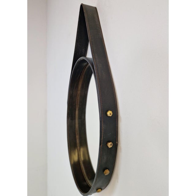 Florentine Oval Leather Mirror in Brass by Jacques Adnet, 1960s For Sale - Image 6 of 9