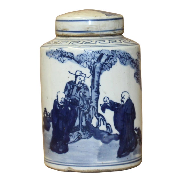 Chinese Blue White Ceramic Fok Lok Shou Graphic Container Urn Jar For Sale