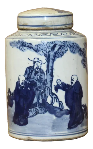 Chinese Blue White Ceramic Fok Lok Shou Graphic Container Urn Jar