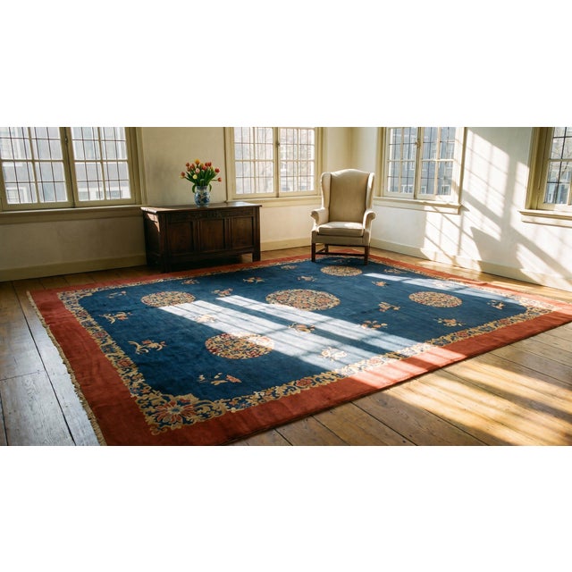 Wonderful Blue and Red Color With Great Florid Design Antique Chinese Peking Rug For Sale - Image 13 of 15
