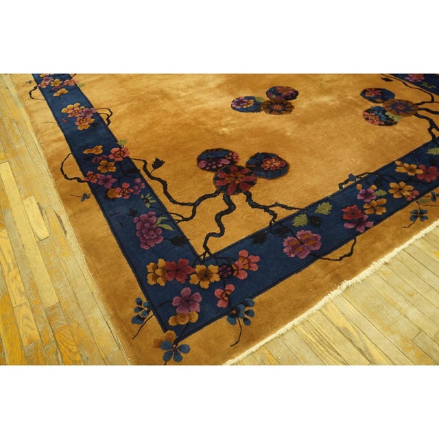 1920s Gold Floral Medallion Chinese Art Deco Carpet 9' X 11' 7" Knotted Wool Rug For Sale - Image 9 of 10