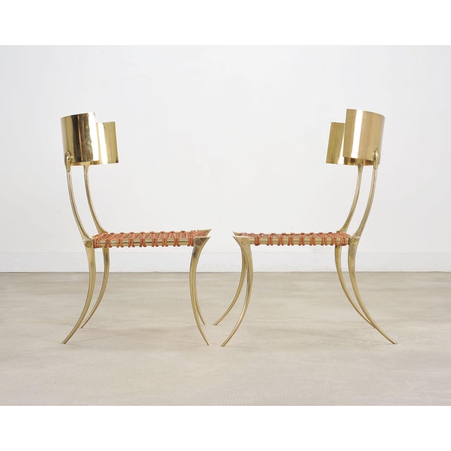 2000 - 2009 Pair of Brass Leather Strap Klismos Chairs by Sylvan S. F. For Sale - Image 5 of 18