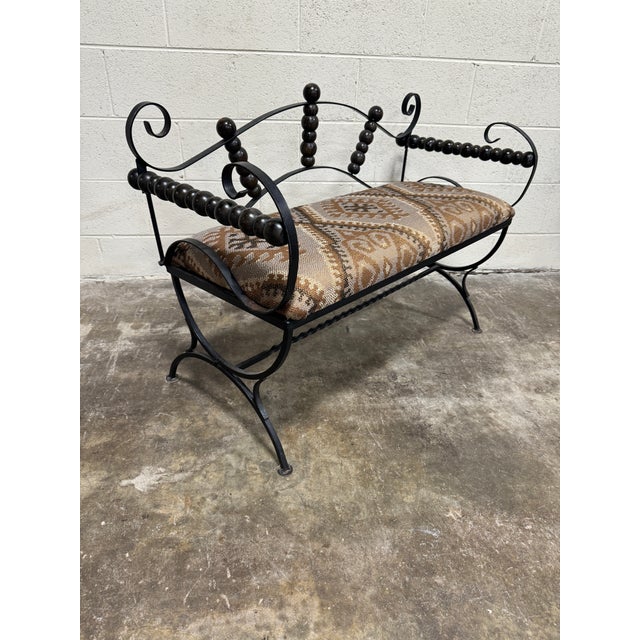 Rustic Boho Scrolled Iron Stagecoach Style Bench For Sale - Image 3 of 6
