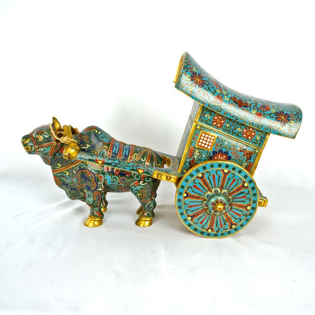 Chinese Brass Gilt Ox Drawn Cart With Cloisonné and Enamel 20th Century For Sale - Image 4 of 18