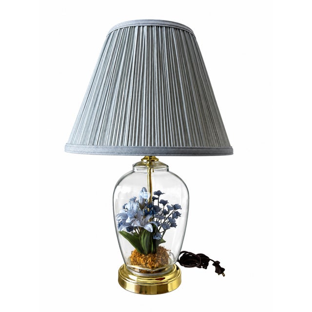 Vintage Blue Floral Glass Terrarium Table Lamp With Pleated Blue Shade For Sale In Las Vegas - Image 6 of 8