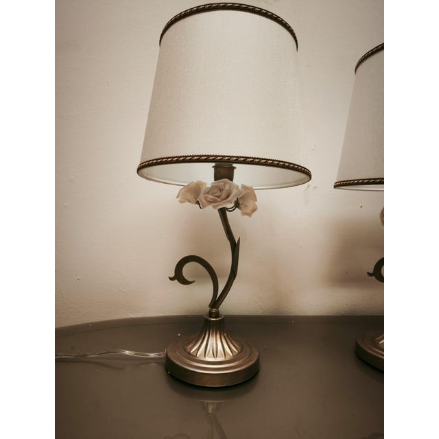 Small Lamps with Ceramic Roses and Fabric Lampshades, 1980s, Set of 2 For Sale - Image 9 of 12