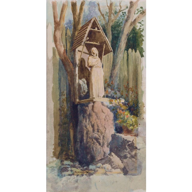 A vintage watercolor capturing a statue of an ascetic in a garden by Theodore Ernest Langguth (German-American,...