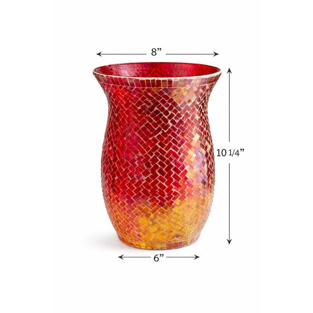 Art Deco Large Red to Amber Mosaic Glass Hurricane Candle Holder – Oversized Decorative Votive For Sale - Image 3 of 6