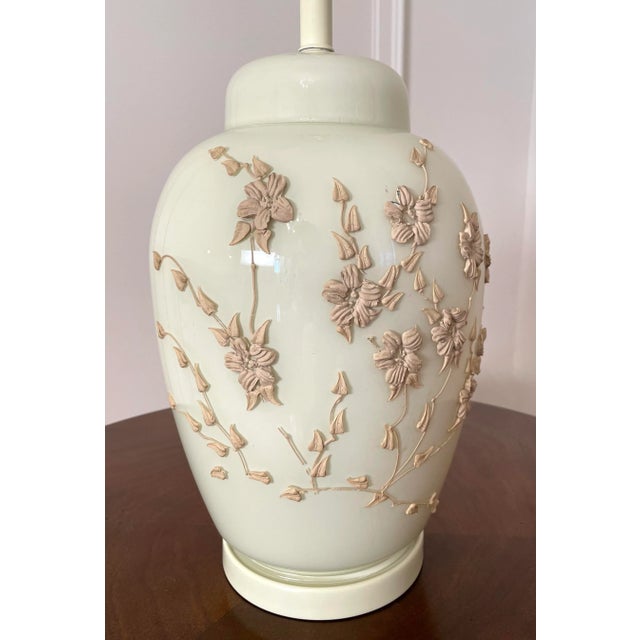 1970s Chinoiserie Style Floral Antique White Ceramic Table Lamp For Sale - Image 5 of 10