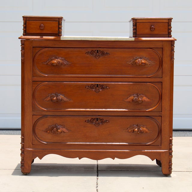 Traditional Exceptional 19th Century Renaissance Revival Walnut & Marble Drop-Center Dresser For Sale - Image 3 of 18