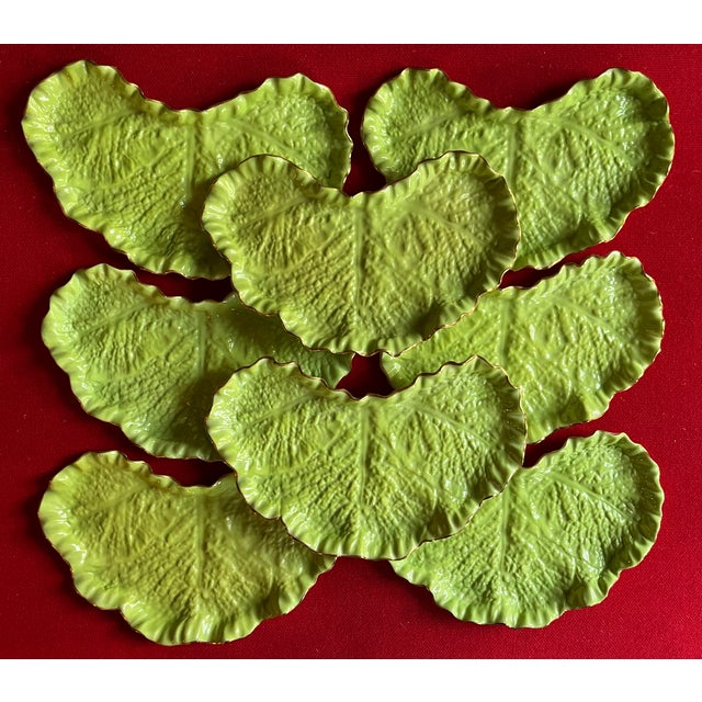 Green Antique 19th Century Spode Lettuceware Porcelain Crescent Shape Salad Plates of Lettuce or Cabbage Leaves - A Set of 8 For Sale - Image 8 of 12