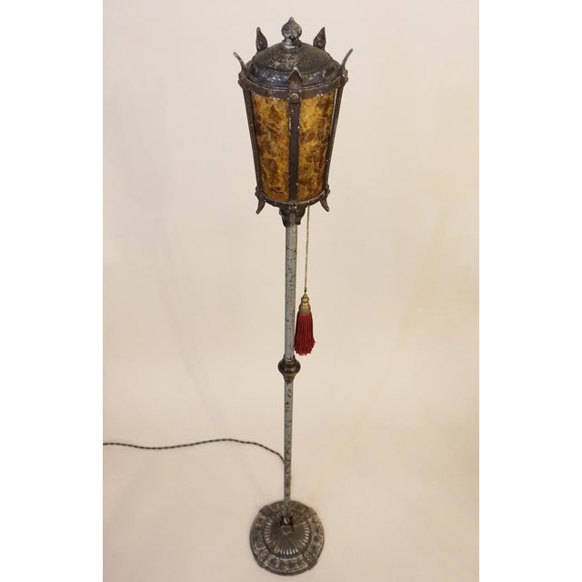 A very early example and rare complete Arts & Crafts Mission design Oscar Bach style floor lamp with original translucent...