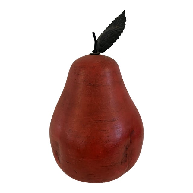 Extra-Large Red Porcelain Pear With Metal Stem and Leaf For Sale