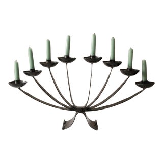 Mid Century Wrought Iron Candelabra | 9 Arm Black Iron Candle Holder | Modernist Brutalist Style | 23.5” Centerpiece Sculpture For Sale