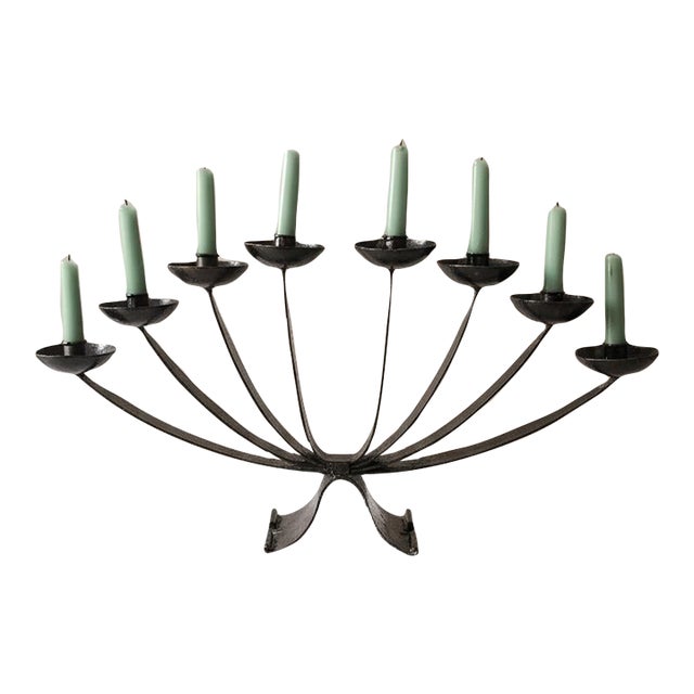 Mid Century Wrought Iron Candelabra | 9 Arm Black Iron Candle Holder | Modernist Brutalist Style | 23.5” Centerpiece Sculpture For Sale