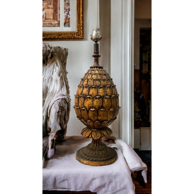 Mid-Century Large Scale Regency Style Gilded Artichoke Table Lamp For Sale In Atlanta - Image 6 of 7