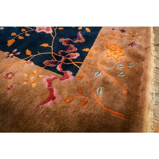 1920s Navy Open Field Floral Modern Knotted Wool Antique Chinese Art Deco Rug For Sale In New York - Image 6 of 8