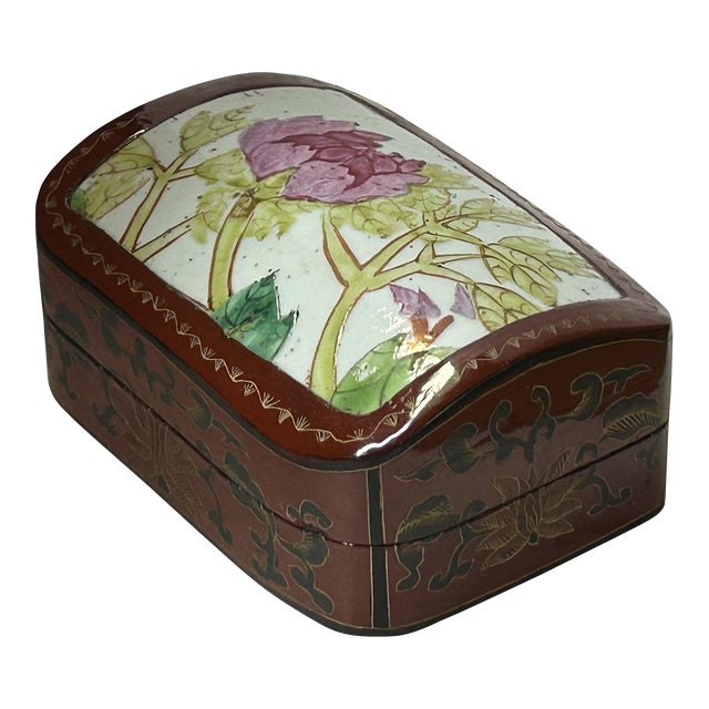 Chinese Old White Base Pink Flower Plant Porcelain Art Lacquer Box For Sale