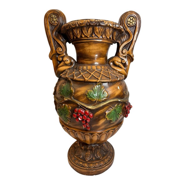 Mid 20th Century Large Neoclassical Swan-Handled Grape Urn / Pedestal Floor Vase, 28” For Sale - Image 4 of 8
